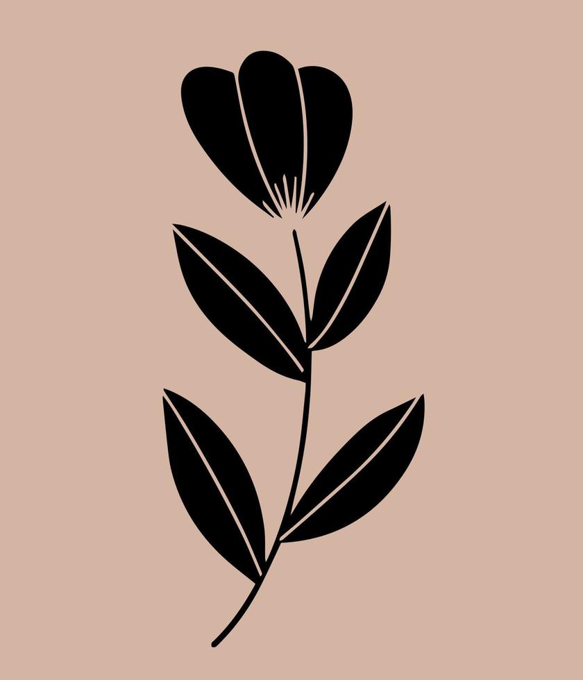 Ornamental flower and leaves black shape. Motif in scandinavian style. Ethnic flat illustration in black. vector