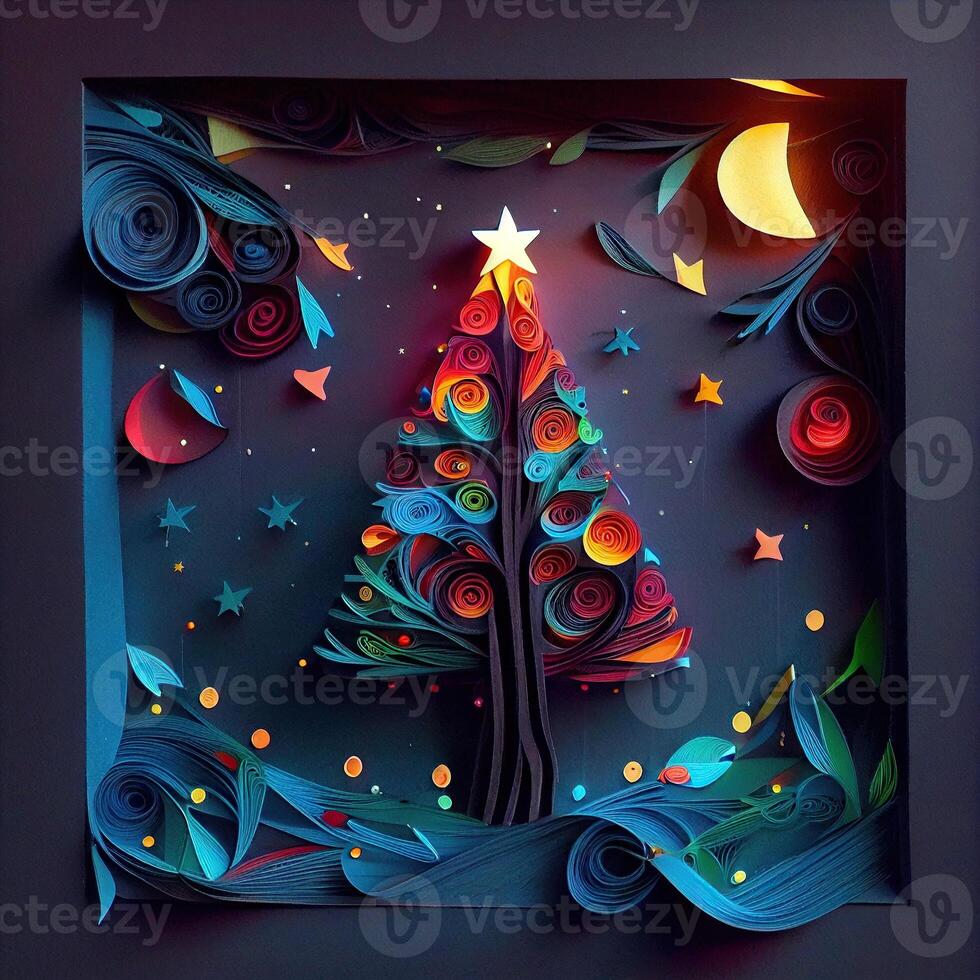 illustration of photo paper cut quilling multidimensional paper cut, craft paper illustration, christmas tree and colored lights vine stars, pop color. Neural network generated art.