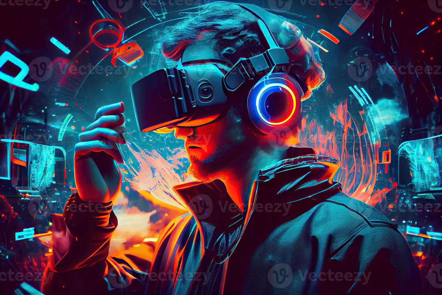 illustration of man with virtual reality VR goggle playing AR augmented reality game and entertainment, futuristic metaverse gameFi NFT game ideas photo