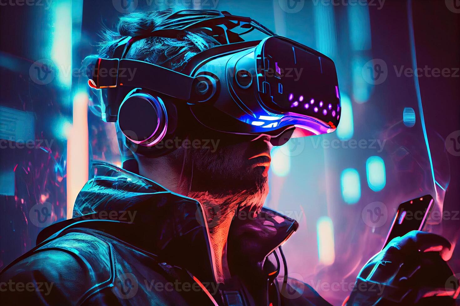 illustration of man with virtual reality VR goggle playing AR augmented reality game and entertainment, futuristic metaverse gameFi NFT game ideas photo
