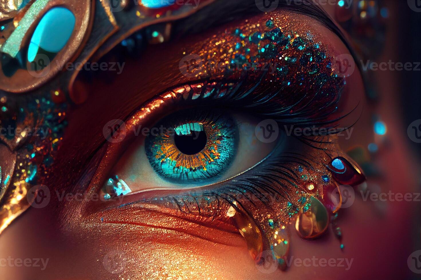 illustration of beautiful female eyes with carnival glass sparkly eyeshadow. Close focus. photo