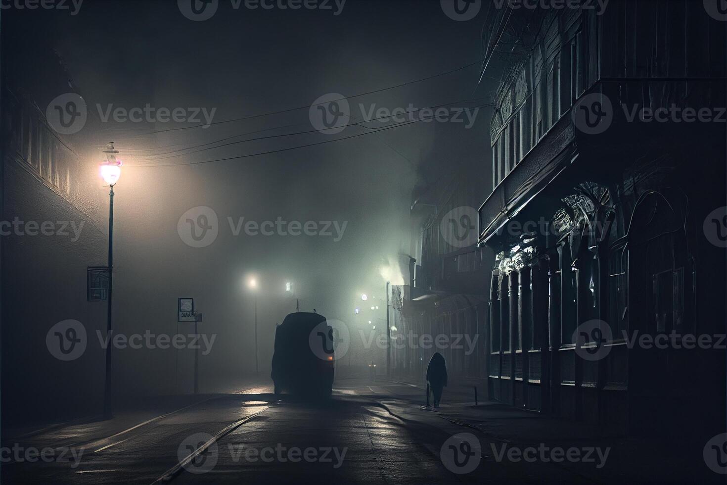 illustration of Dark gloomy empty street with smoke, smog photo