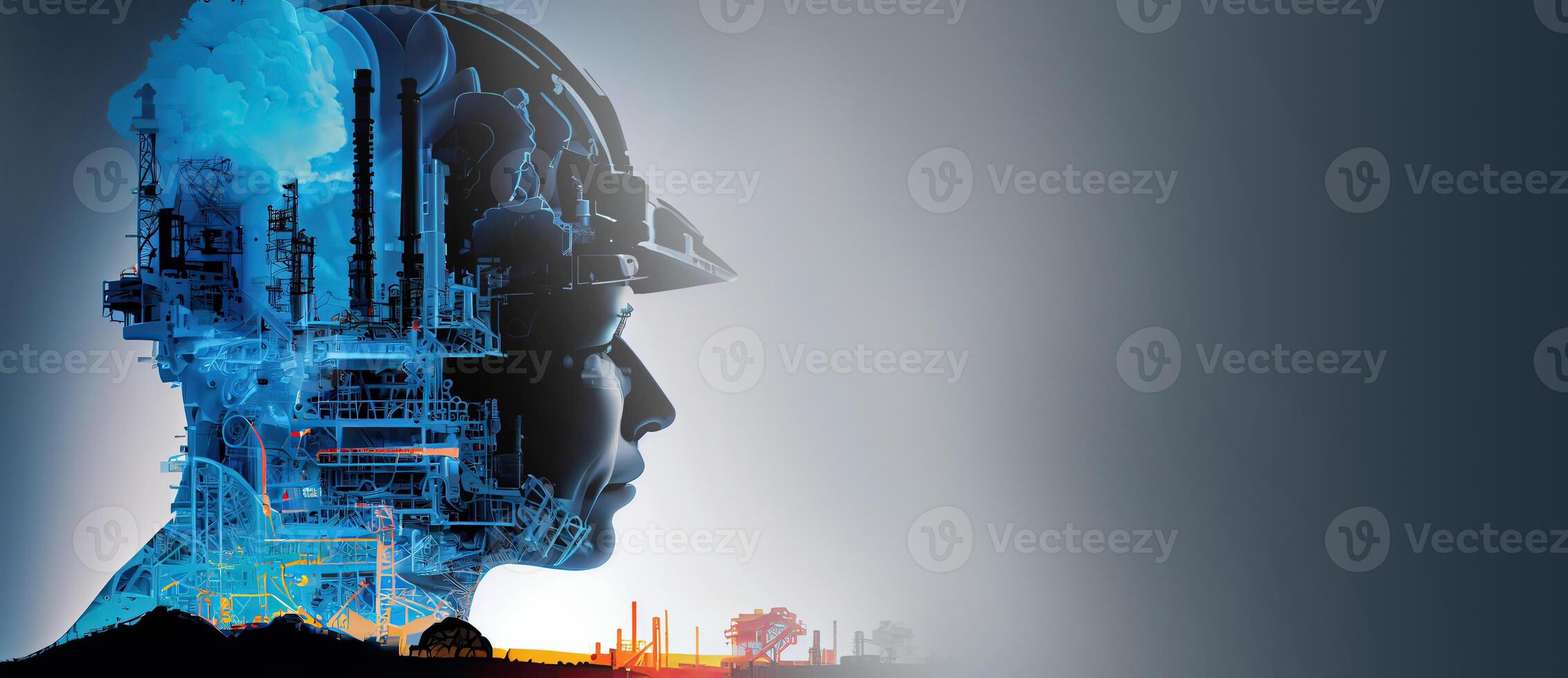 illustration of a double exposure worker head, an oil, gas, and petrochemical refinery facility demonstrates the future of electricity and the engineer photo