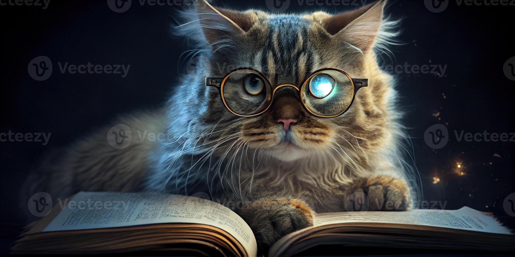 illustration of Intelligent serious cat in glasses reading a book, volumn light photo