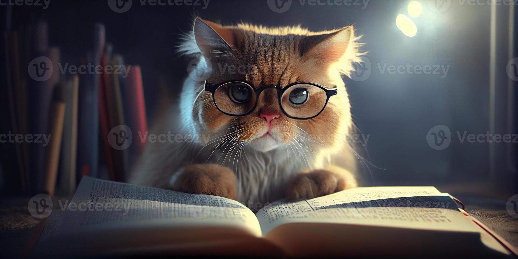 illustration of Intelligent serious cat in glasses reading a book, volumn light photo