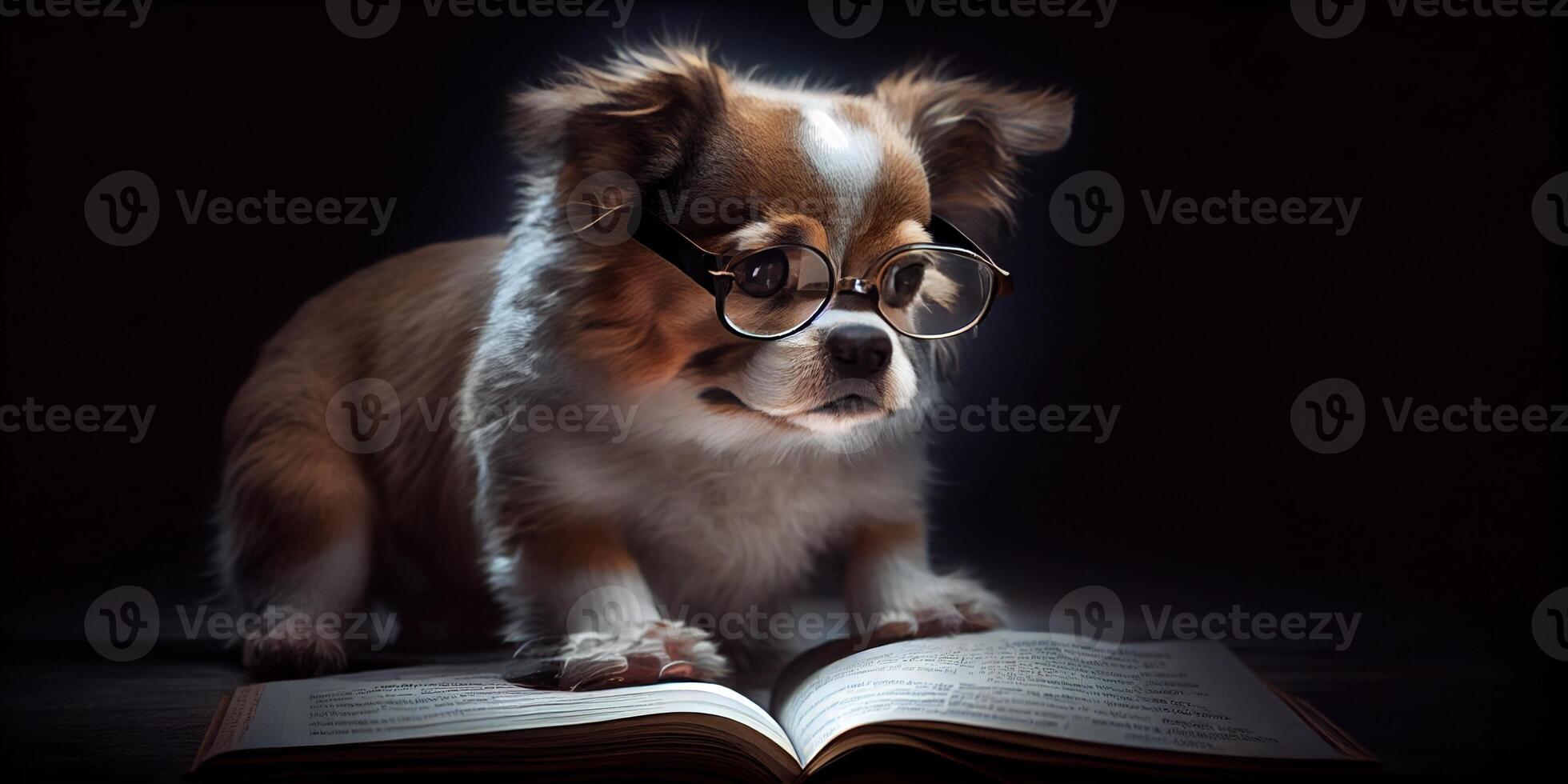 illustration of Intelligent serious dog in glasses reading a book, volumn light photo