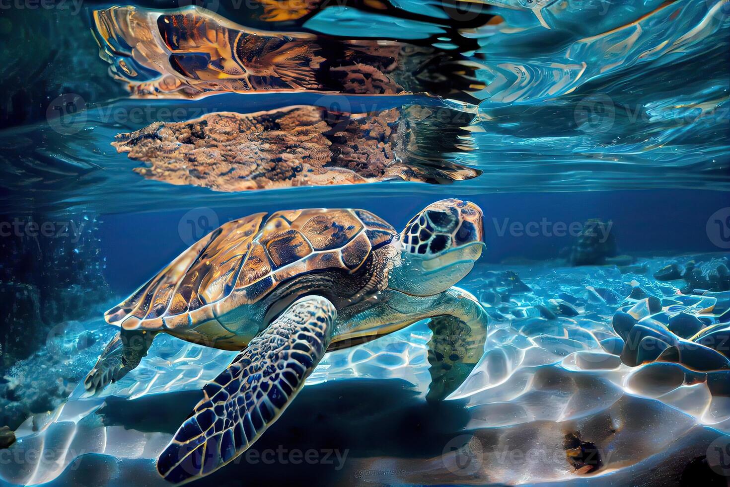 generativo ai ilustración de un mar Tortuga en cristal claro agua. increíble cristalino fondo del mar. arrecife lleno de vida foto