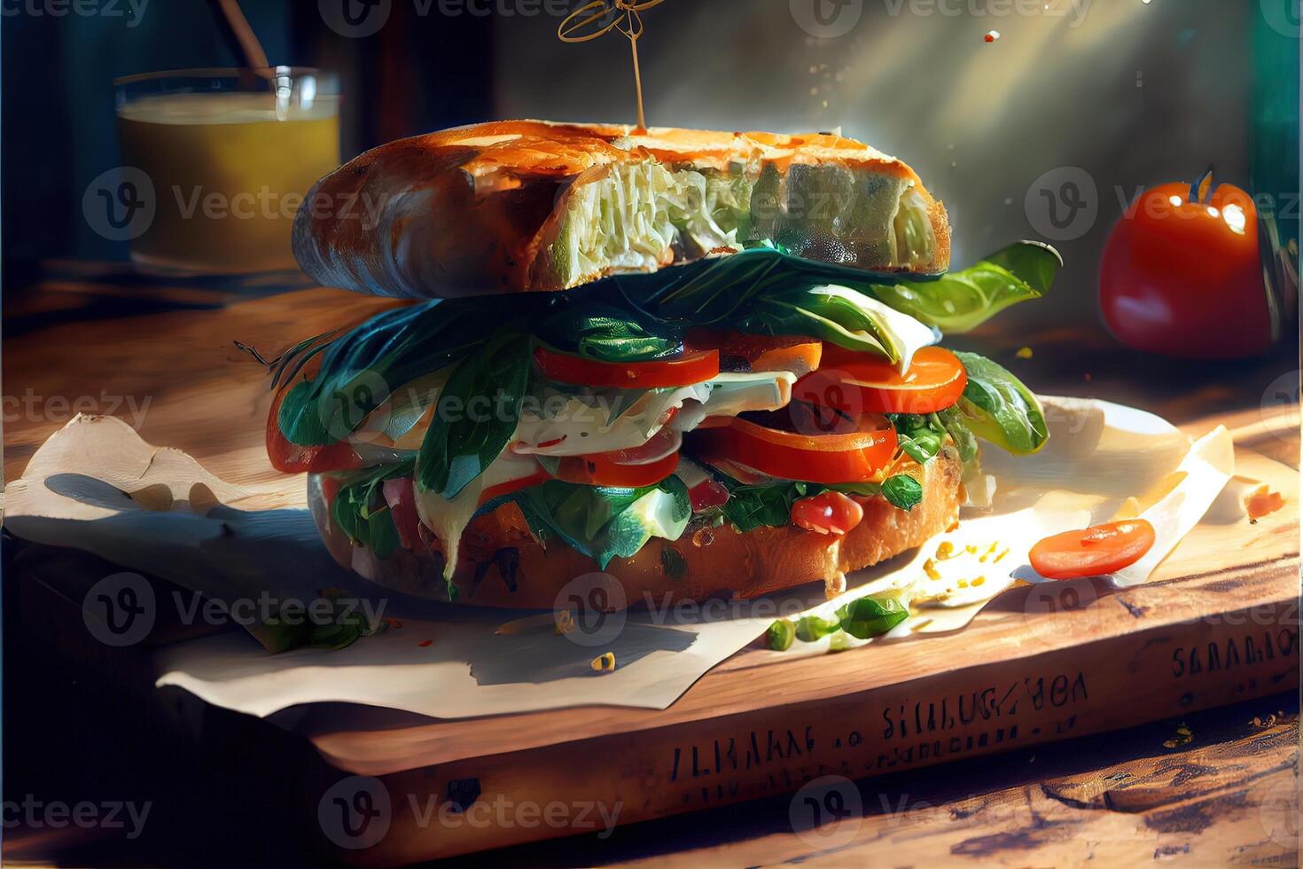 illustration of luxury italian sun sandwich, sitting on a wood board in a small Italian deli photo