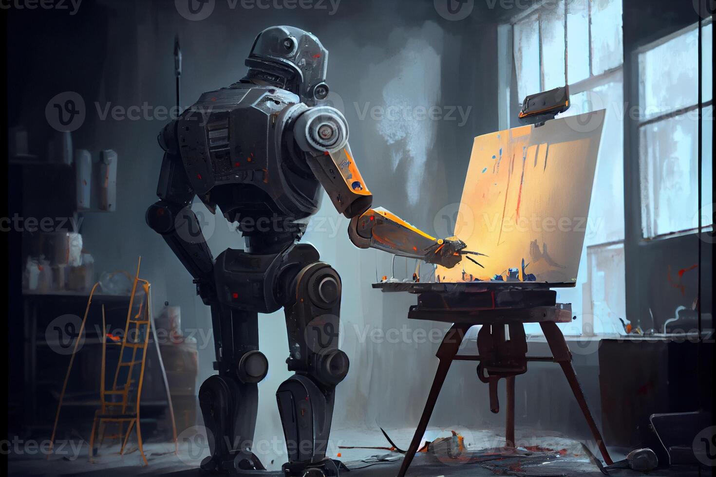 illustration of Cyborg Ai robot artist in dark studio next to his easel, painting and paints while working, neural network generated art. Digitally painting, generated image. photo