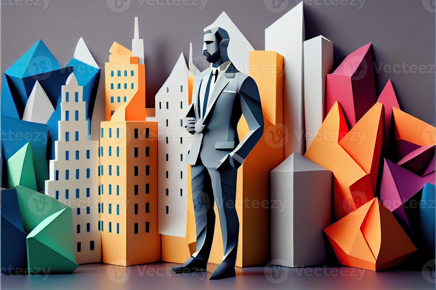 Business man in the city background, colorful. Business handshaking, successful concept. Paper cut craft, 3d paper illustration style. Neural network generated art. photo