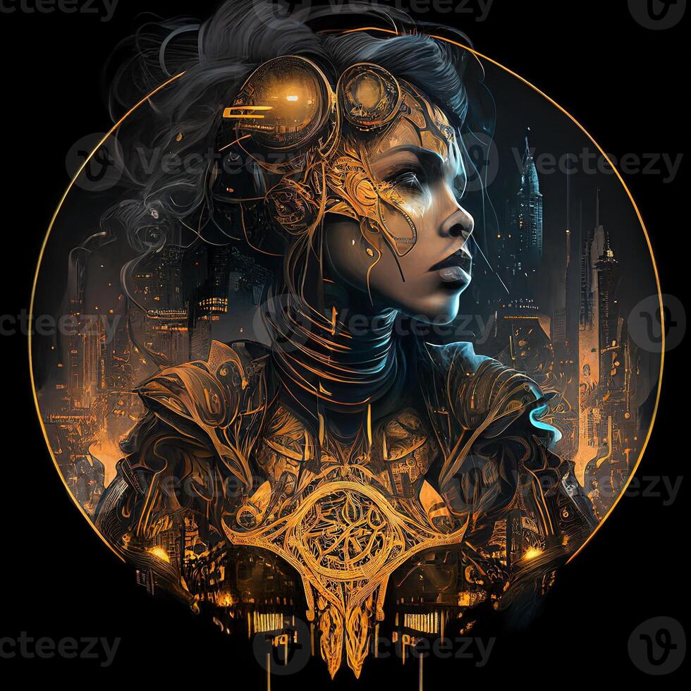 illustration of cyberpunk Zodiac sign with a industrial smoke, mechanic detail on shoulders, pollution, centered inside intricate gold and fire circle of city and Skyscrapers, steam punk photo