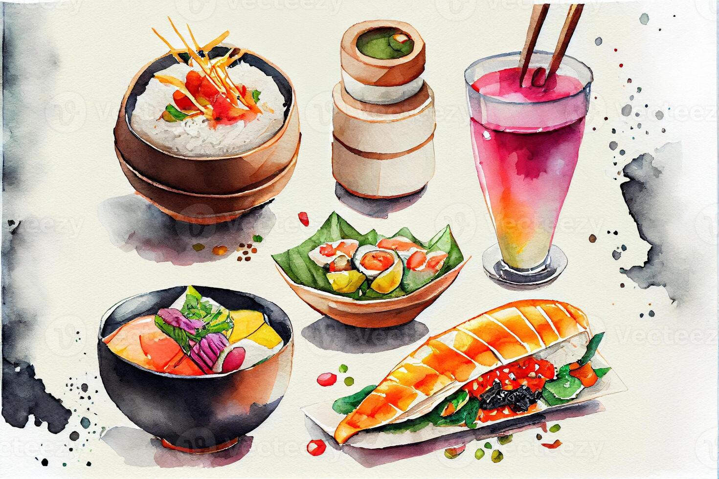 illustration of knolling japanese cuisine food, watercolor paint style, set of asian food photo