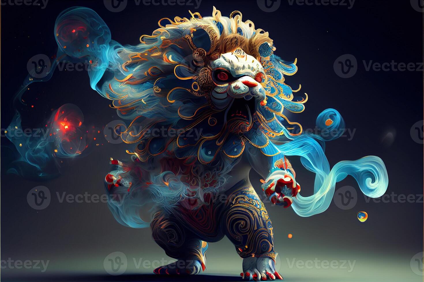 illustration of anthropomorphic traditional Chinese lion dance, big round eyes, plump body, Chinese Spring Festival, luminous particles, smoke photo