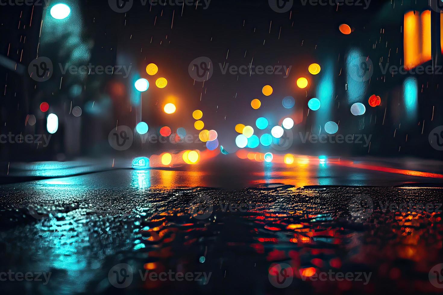Generative AI illustration of a light effect, blurred background. Wet asphalt, night view of the city, neon reflections on the concrete floor. Dark abstract background, dark empty street photo