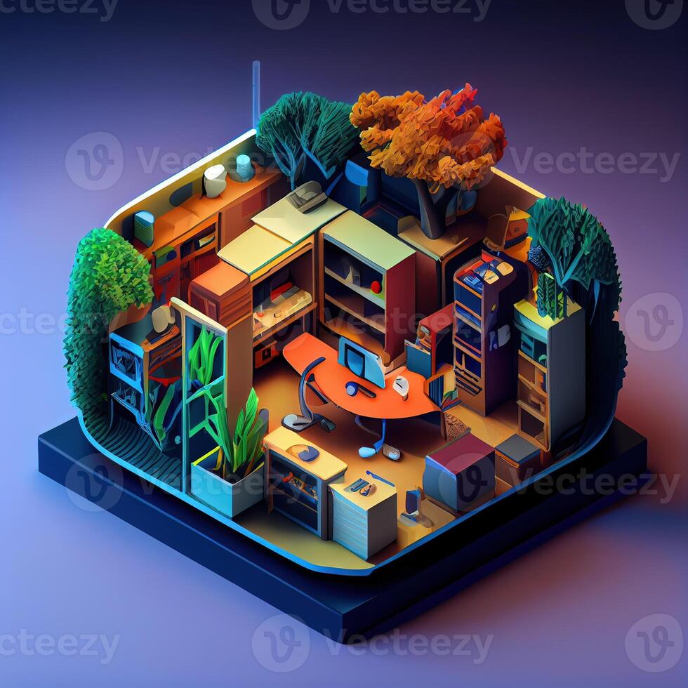 illustration of Office on smart phone, isometric diorama, land plot, pop color, colorful. Digitally generated image photo