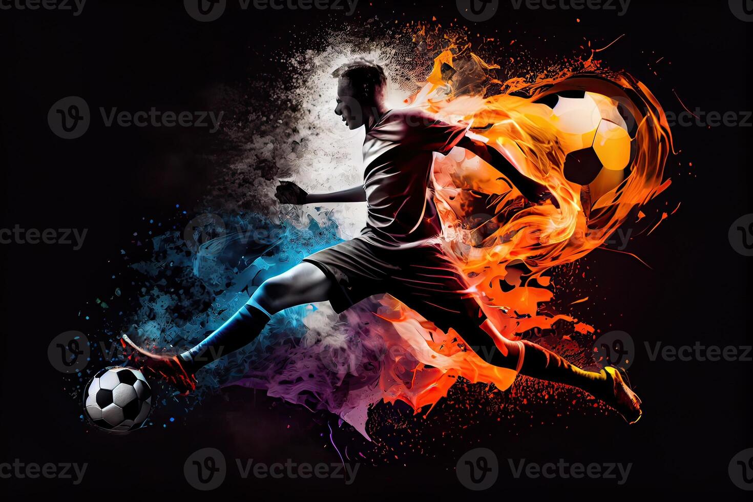 illustration of the essence of a soccer player in motion as they kick a ball with intense energy, surrounded by vibrant colors and splashes photo