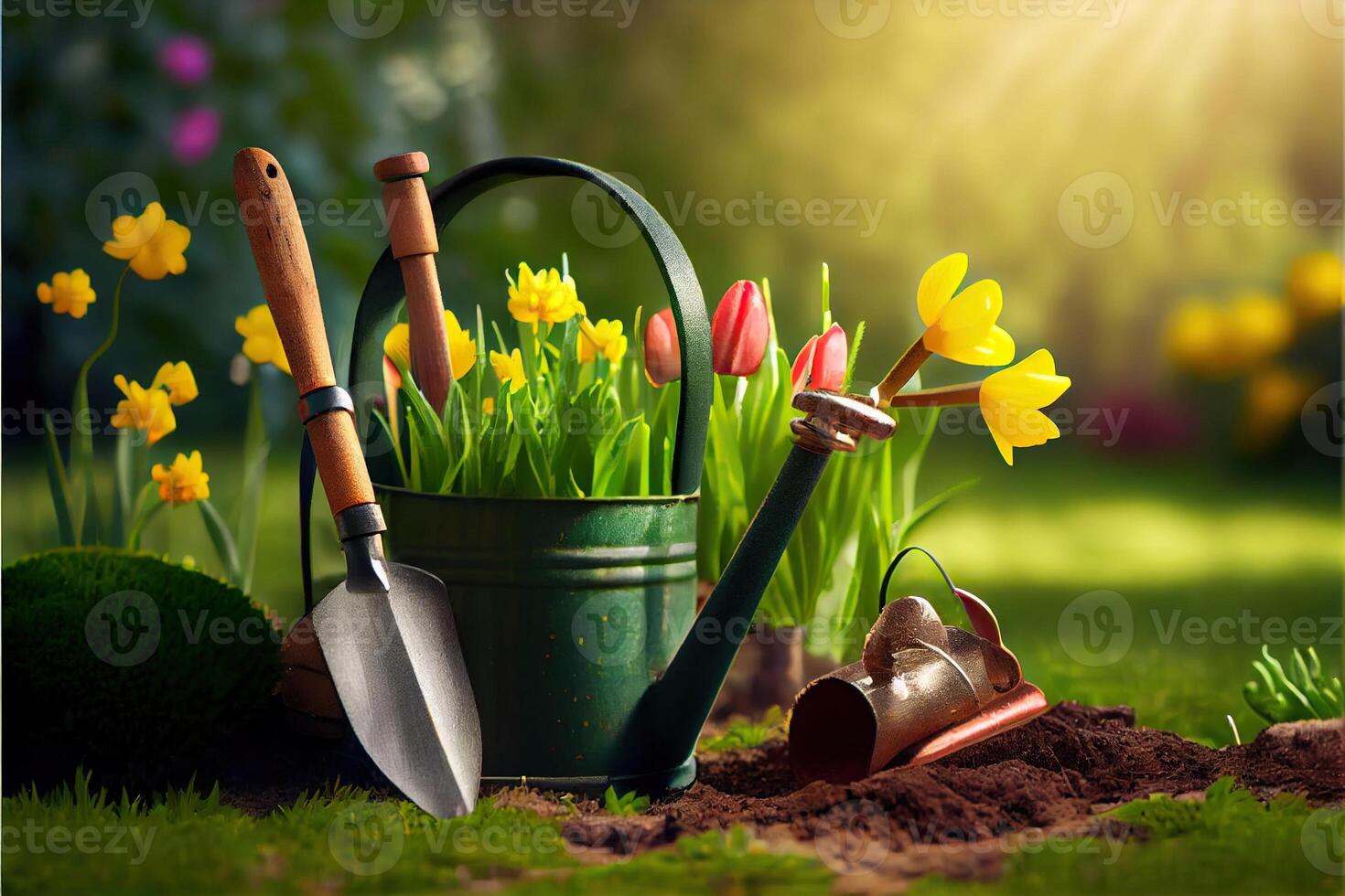 illustration of Spring garden care. Flowers in the garden. Garden tools. Outdoor gardening tools on grass in spring garden photo