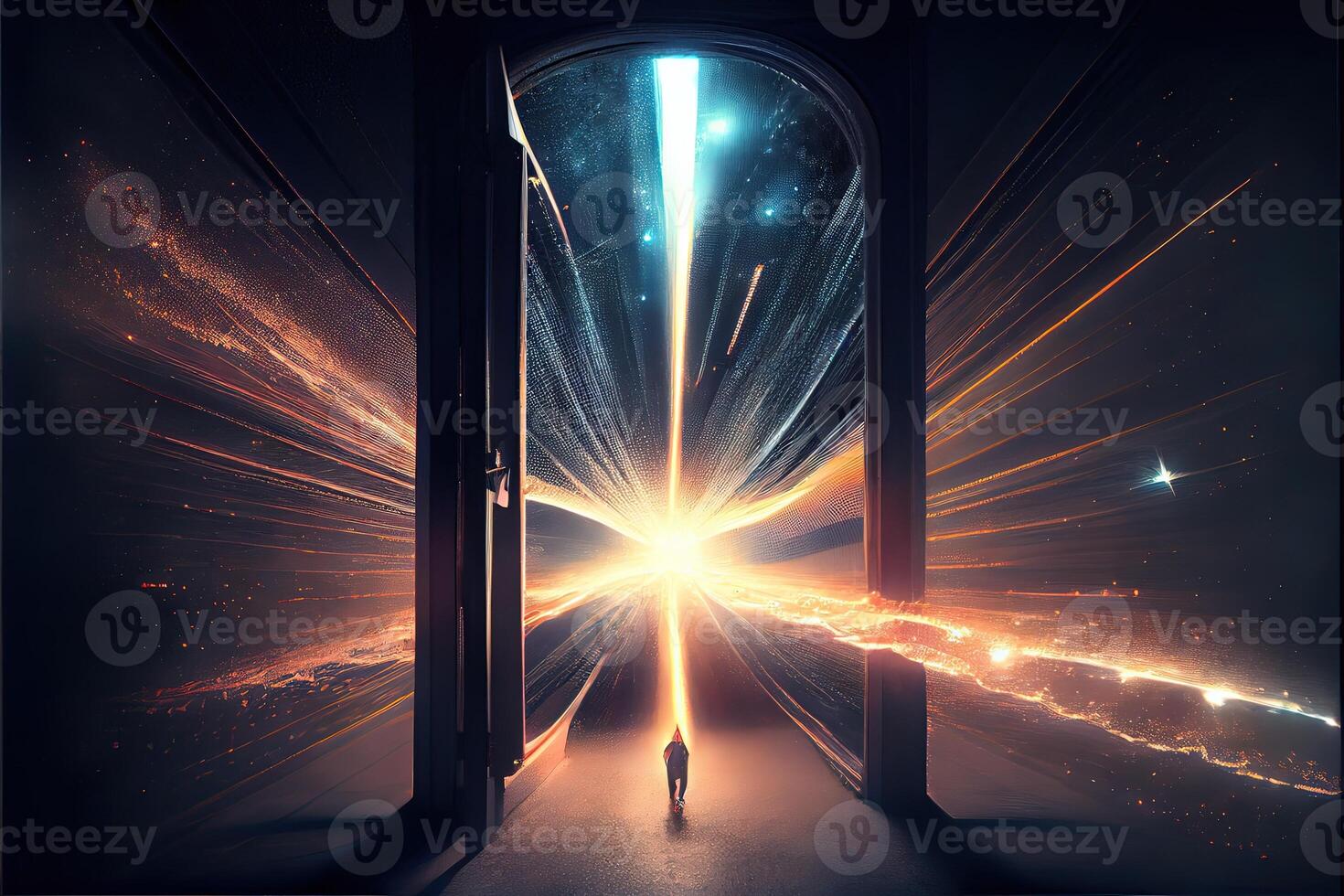 illustration of traveling through the door of the future with the speed of light photo