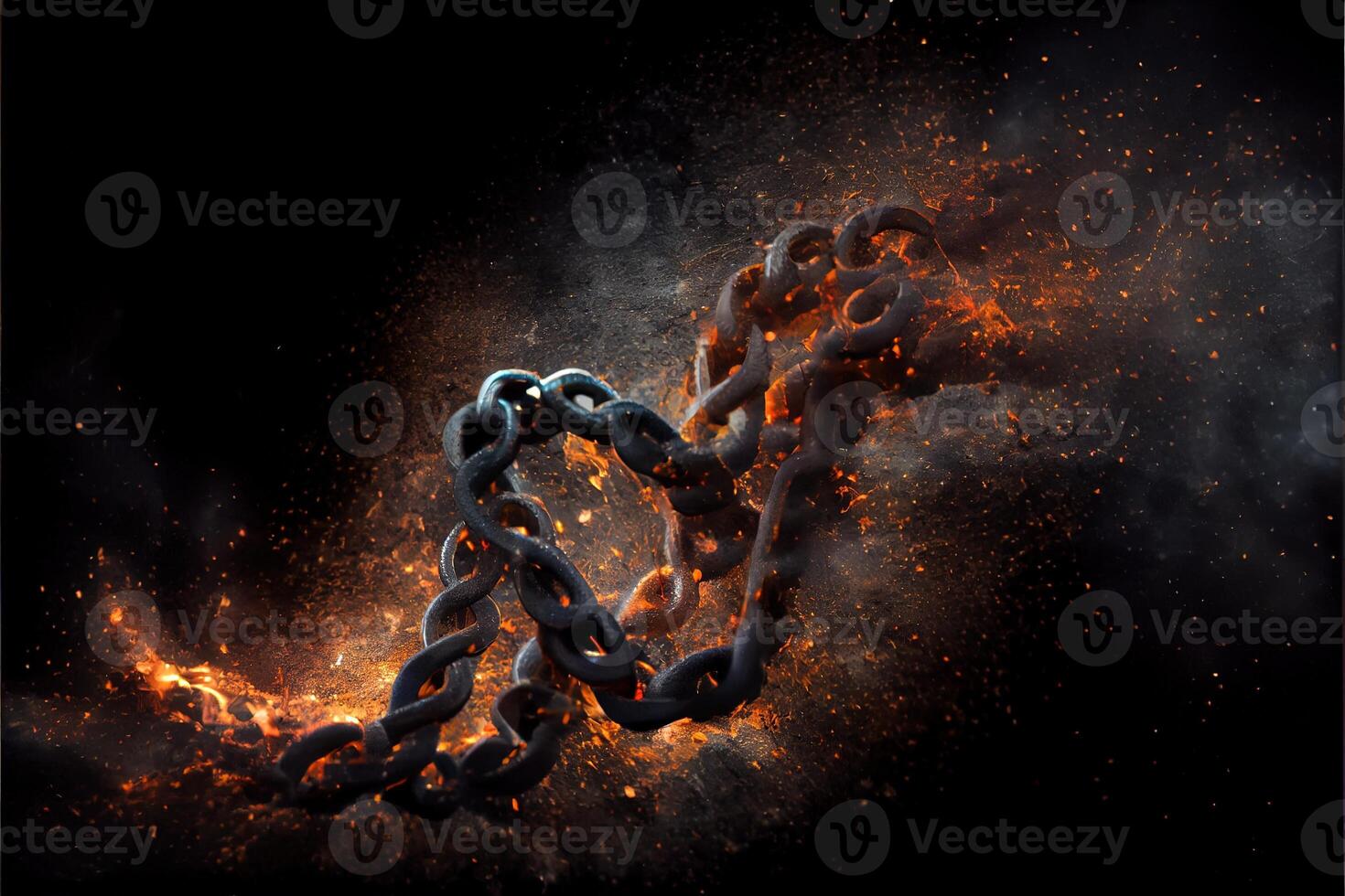 illustration of breaking steel chain with fire dust in dark background. Neural network generated art. photo