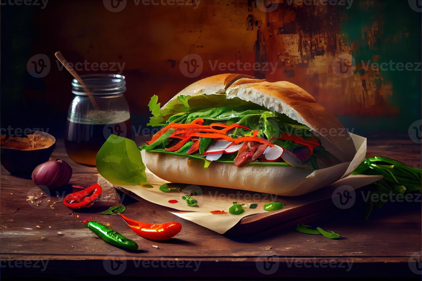 generativo ai ilustración de banh mi Vietnam pan, alimento, estudio, asiático, vietnamita emparedado , vietnamita alimento, Copiar espacio foto