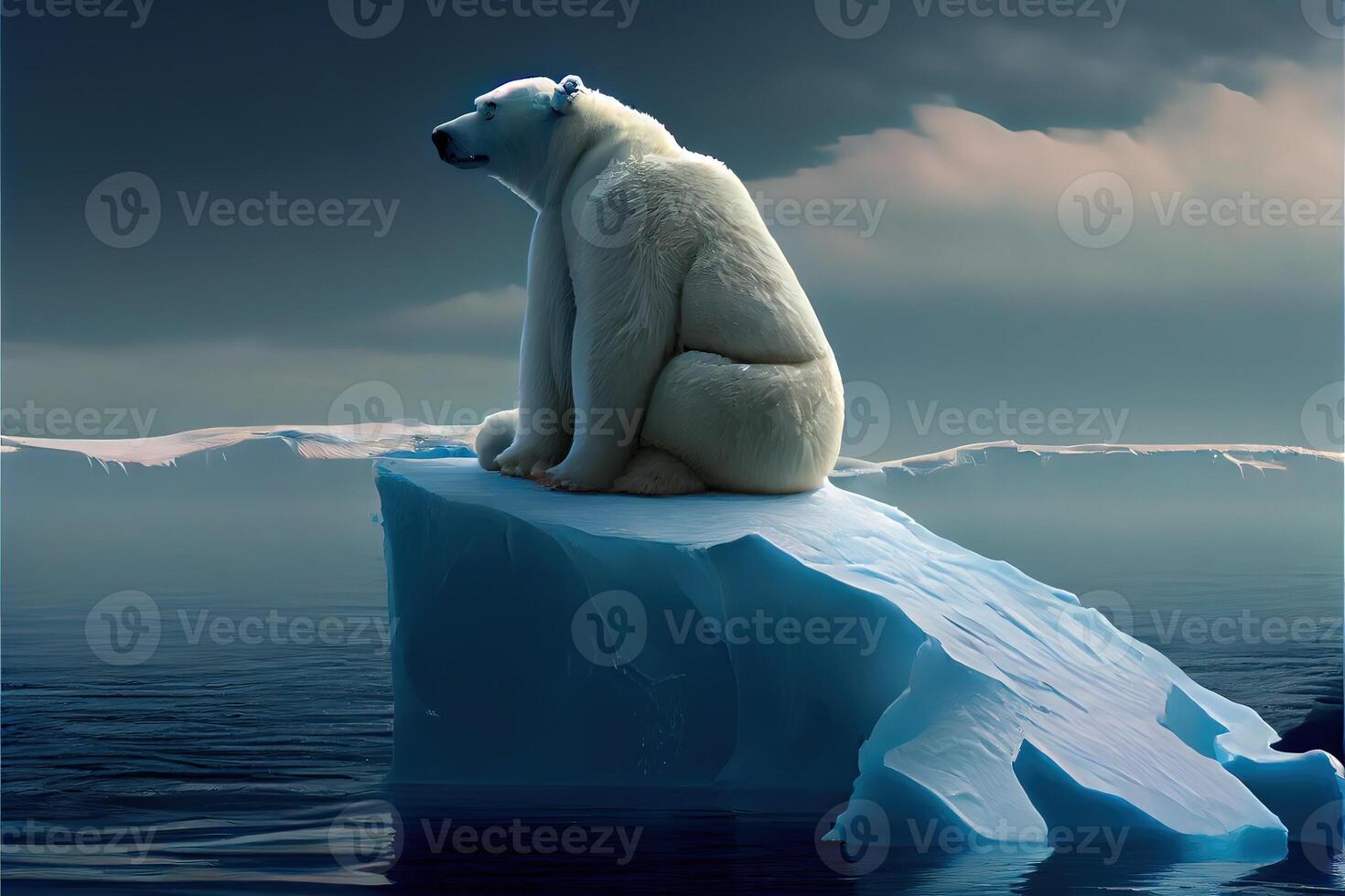 illustration of lonely white bear on iceberg, aurora sky photo