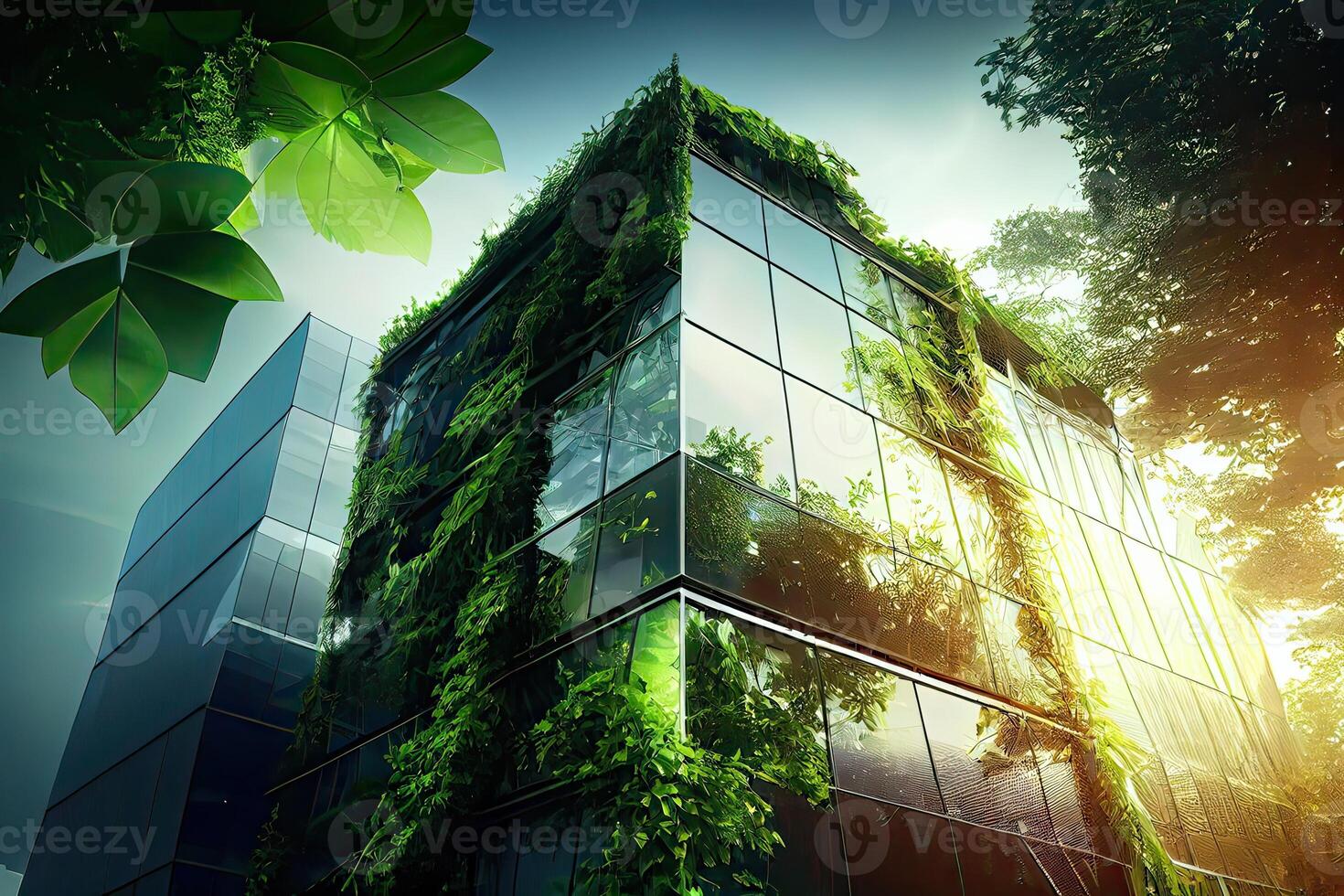 illustration of eco friendly construction in a contemporary metropolis. A sustainable glass building with green tree branches and leaves for lowering heat and carbon dioxide. photo