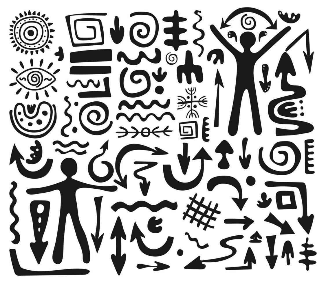 grande conjunto primitivo étnico adornos, petroglifos flechas, líneas, círculos patrón, espiral dibujo de antiguo tribu, Roca edad. diseño elemento para textiles, papel, telas, tarjeta postal. vector ilustración