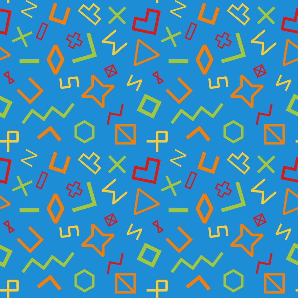 The seamless pattern in geometry art theme with geometry shape, corner, triangle, square, hexagon, cross, rectangle, heart, diamond in blue, yellow, red, green and orange color, Vector Illustration