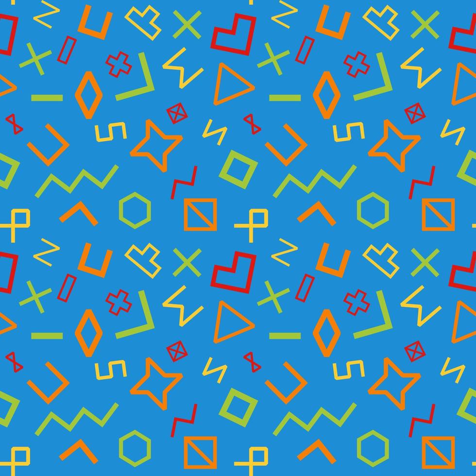 The seamless pattern in geometry art theme with geometry shape, corner, triangle, square, hexagon, cross, rectangle, heart, diamond in blue, yellow, red, green and orange color, Vector Illustration