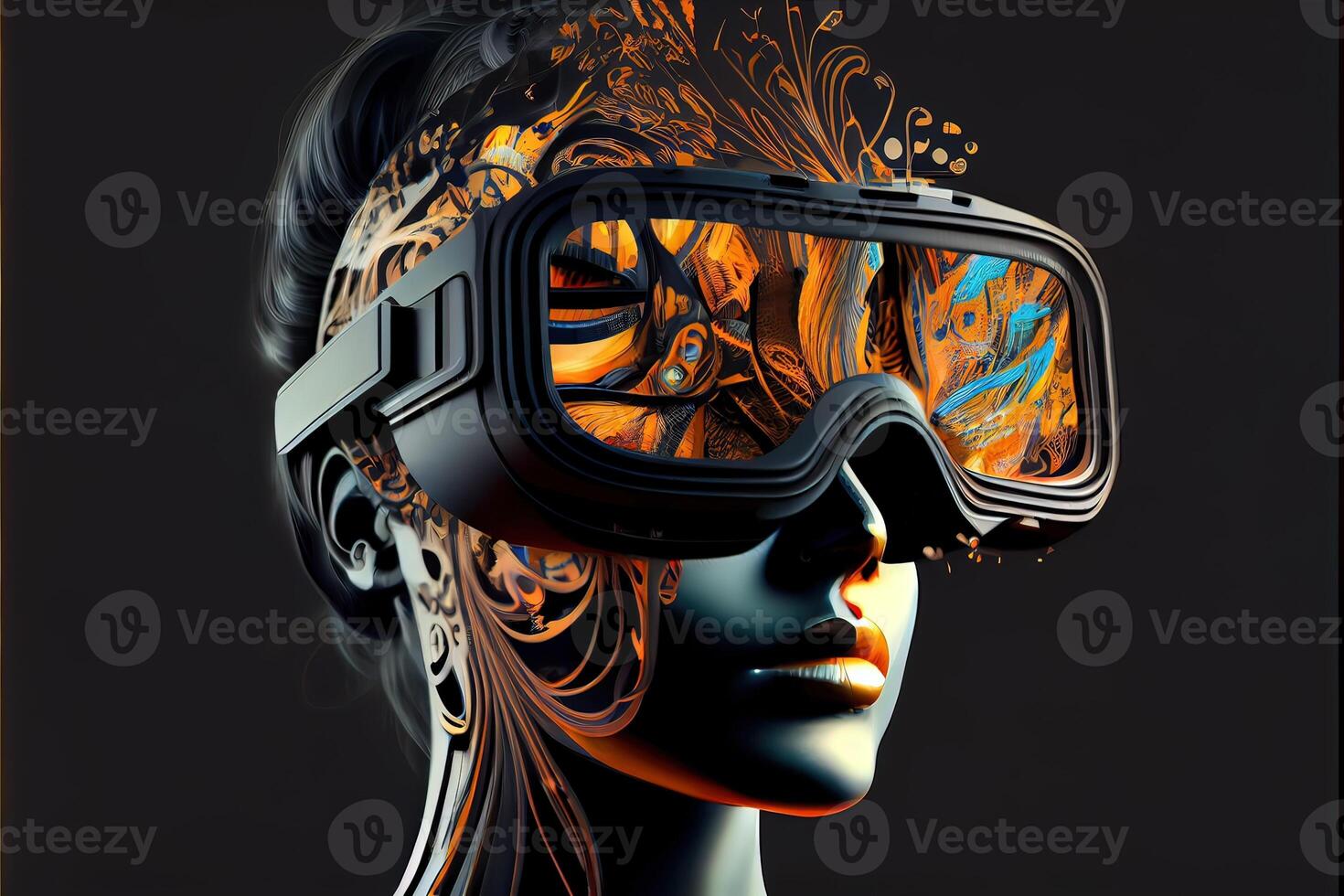 illustration of Metaverse concept and virtual world elements. Silhouette of a human face in augmented or virtual reality headset. Neural network art photo