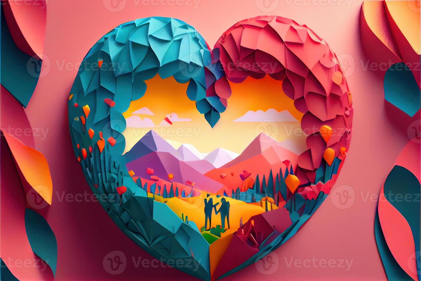 illustration of origami Valentine day background, happy couple, colorful. Paper cut craft, 3d paper style. Neural network generated art. Digitally generated image photo