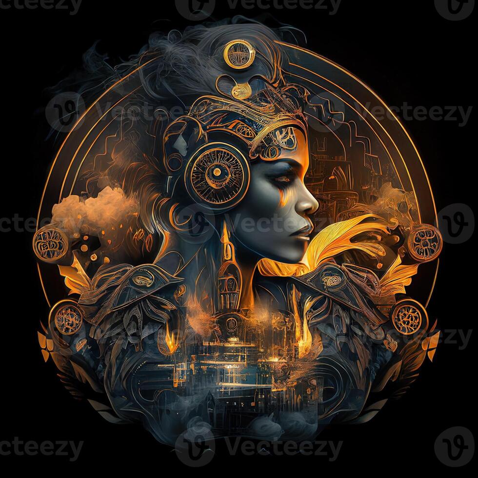 illustration of cyberpunk Zodiac sign with a industrial smoke, mechanic detail on shoulders, pollution, centered inside intricate gold and fire circle of city and Skyscrapers, steam punk photo