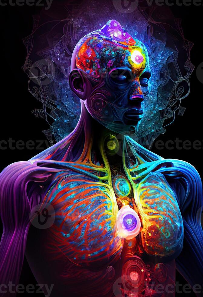 illustration of higher, yoga relax chill out dmt visions spirit. 7 colored chakras meditation DMT hallucinations. Multiverse connected through a nervous system - trippy psychedelic photo