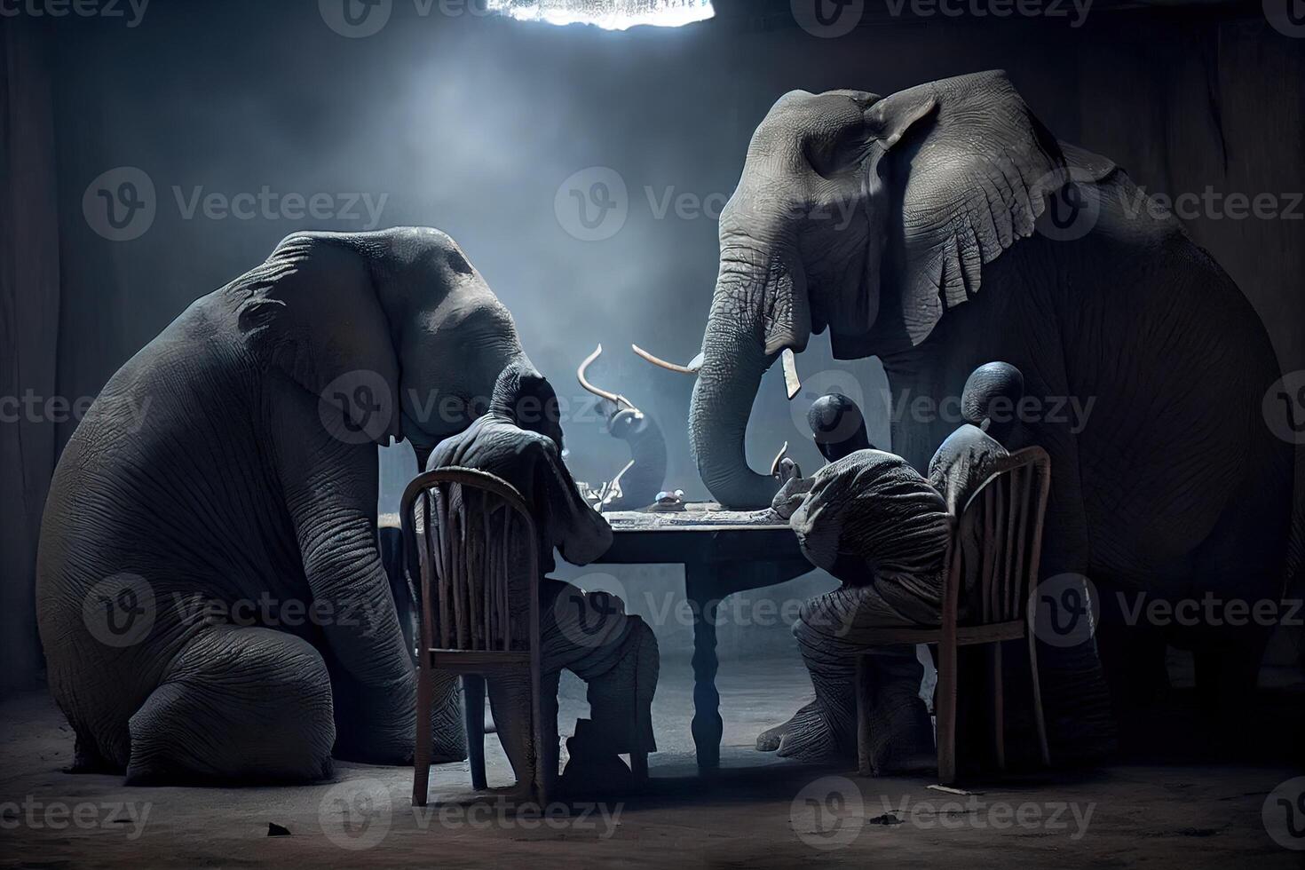 illustration of African elephants playing poker in a smoky room, the elephant poker game photo