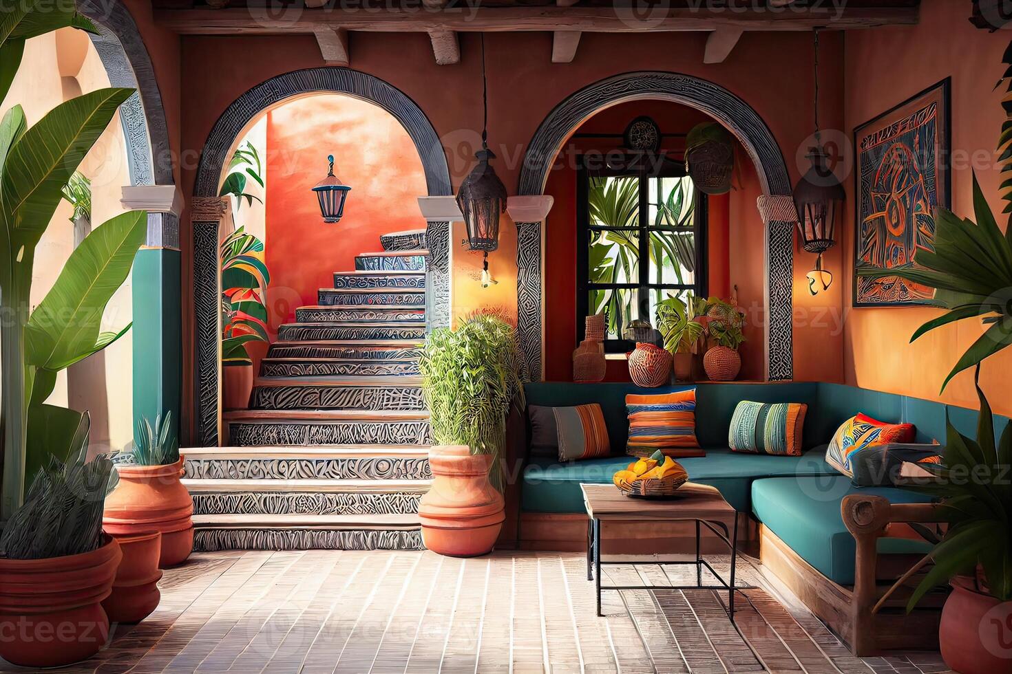 generativo ai ilustración de el belleza y riqueza de un tradicional mexicano vivo habitación y patio, con brillante colores en el paredes, cactus, tropical hojas, linternas, majestuoso arcos, y escalera foto