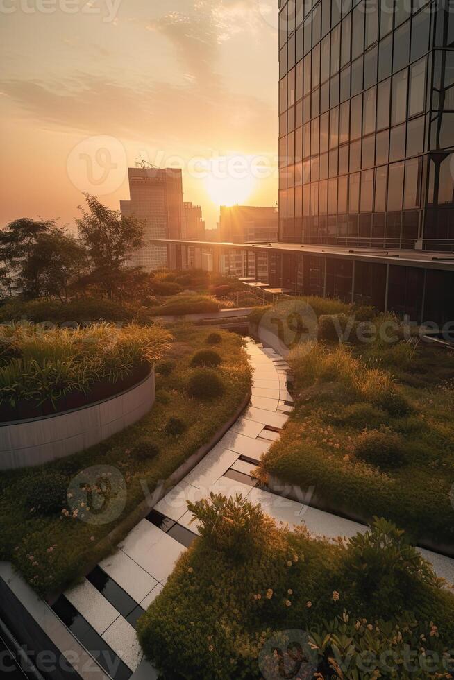 illustration of Gorgeous garden on the rooftop of a contemporary glass office building in Asia photo
