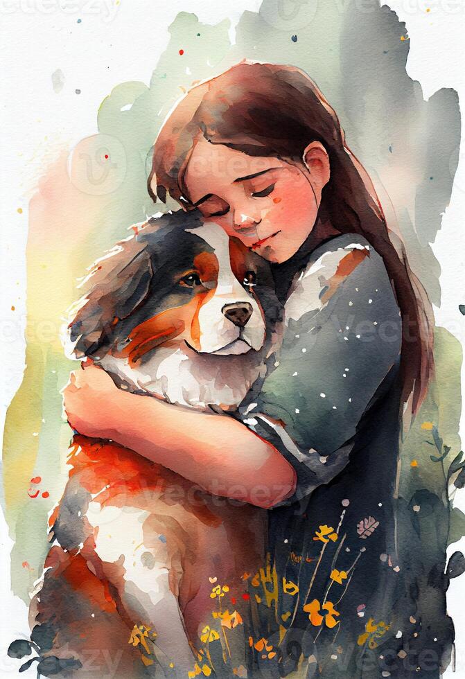 illustration of Girl hugs Bernese mountain dog, simple naive watercolor illustration photo