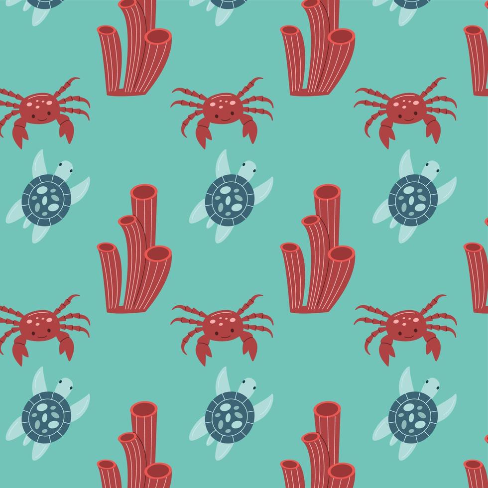 Vector seamless marine pattern with crab, turtle, seaweed. Ocean life and sea creatures or animals. Nautical background. Cartoon illustration.