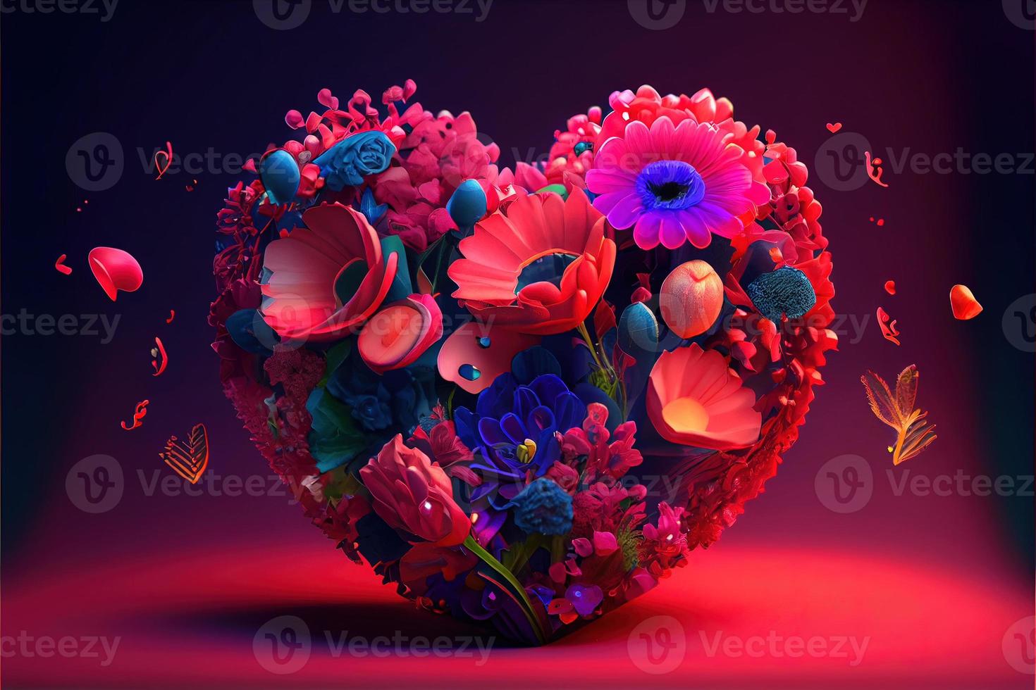 valentines day background, love heart shape make by rose, cherry blossom, daisy flowers... . Neural network generated art. Digitally generated image. Not based on any actual scene or pattern. photo