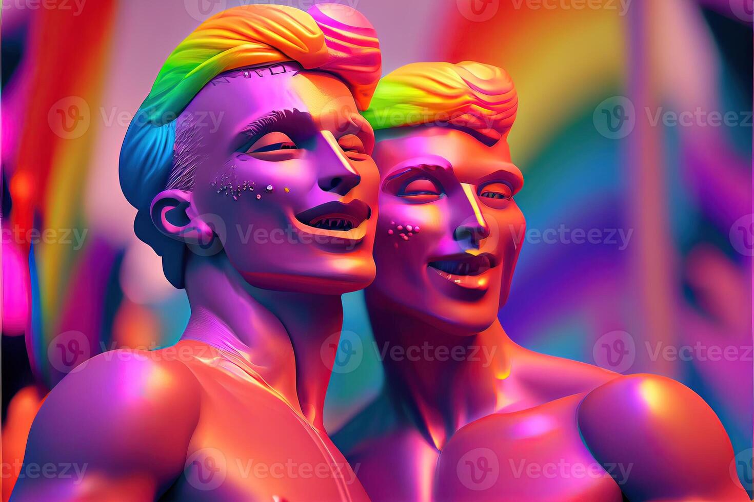 generativo ai ilustración de diversidad joven gay mujer y hombres con ondulación orgullo arco iris bandera. partidarios de el lgbt comunidad. neural red generado Arte. digitalmente generado imagen. foto