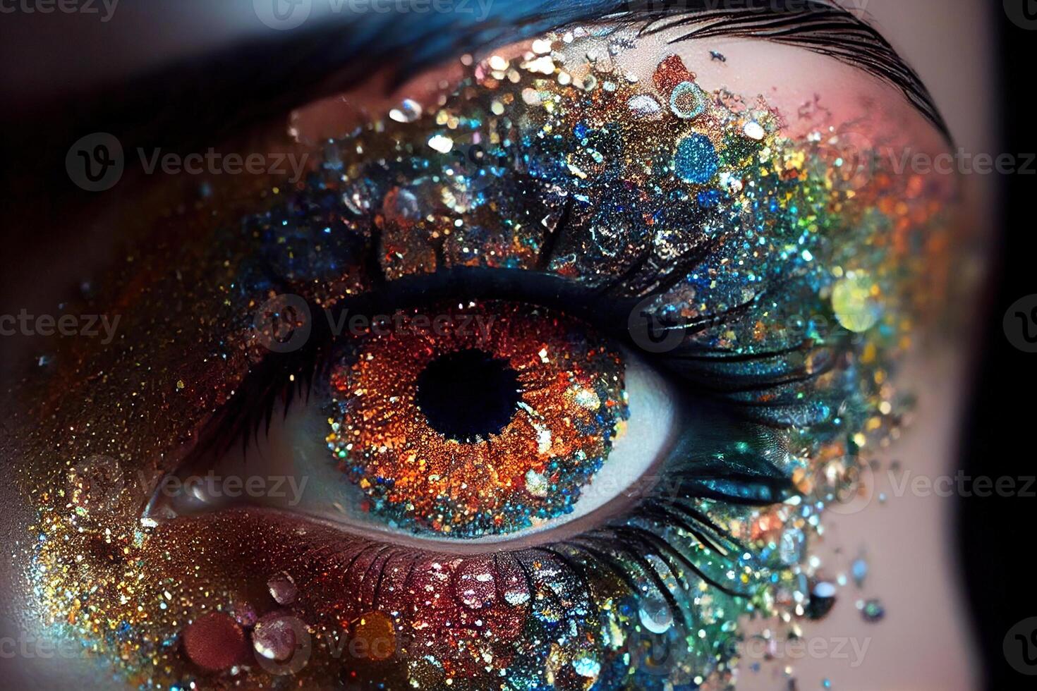 illustration of beautiful female eyes with carnival glass sparkly eyeshadow. Close focus. photo