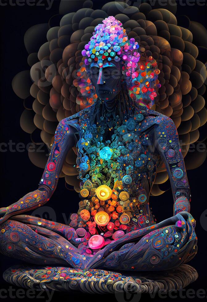 illustration of higher, yoga relax chill out dmt visions spirit. 7 colored chakras meditation DMT hallucinations. Multiverse connected through a nervous system - trippy psychedelic photo