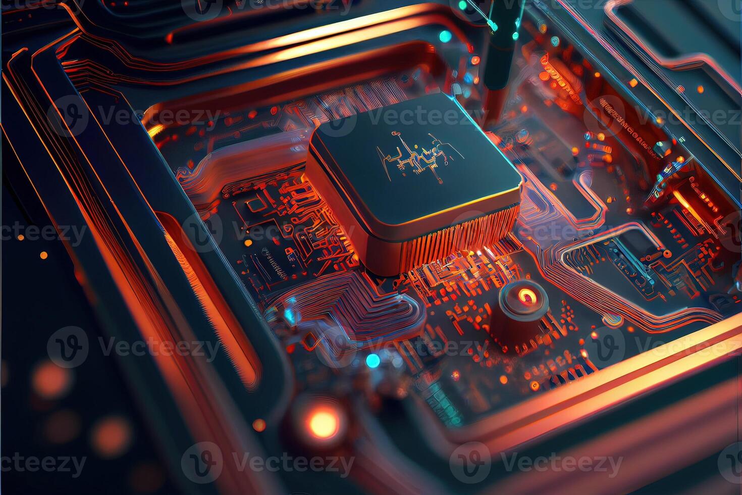 illustration of macro shot of circuit cyberspace board with computer motherboard component microchip with chip structure. Neural network generated art. photo