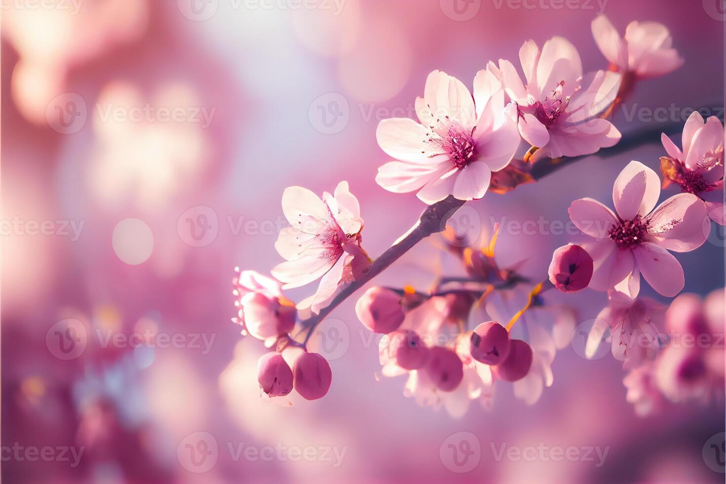 illustration of spring banner, branches of blossoming cherry against pink background and nature outdoors. Pink sakura flowers, dreamy romantic image spring, copy space. photo