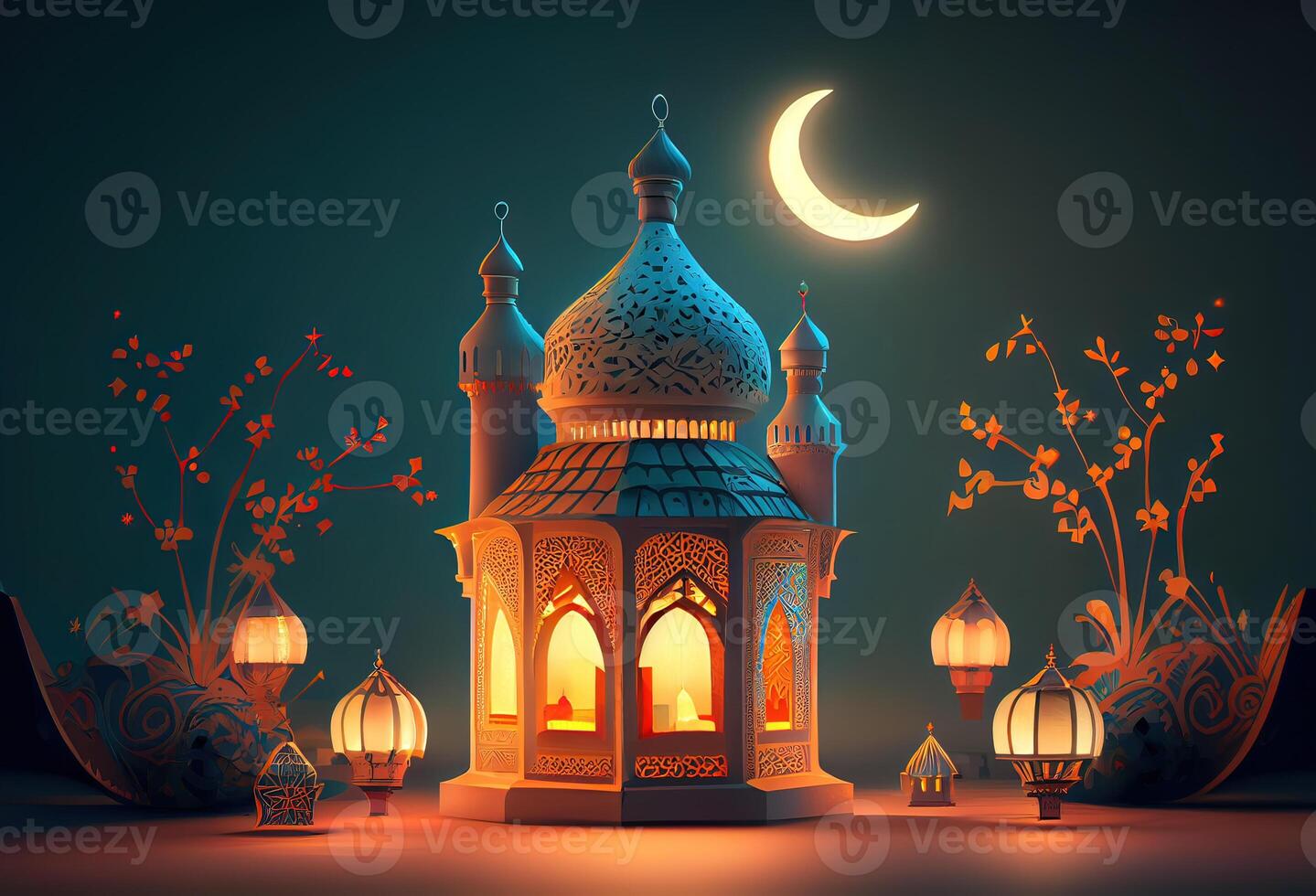 illustration of Islamic holiday. Ramadan night. Mosque and lantern displayed on stages with glowing light in the evening. Wallpaper and banner background. photo