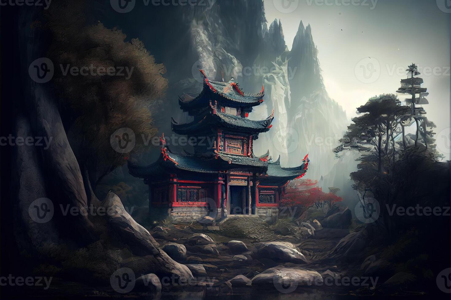 illustration of Fantasy background with mysterious ancient Chinese temple in mountains. Digital artwork. Chinese style. Gaming and art concept. photo