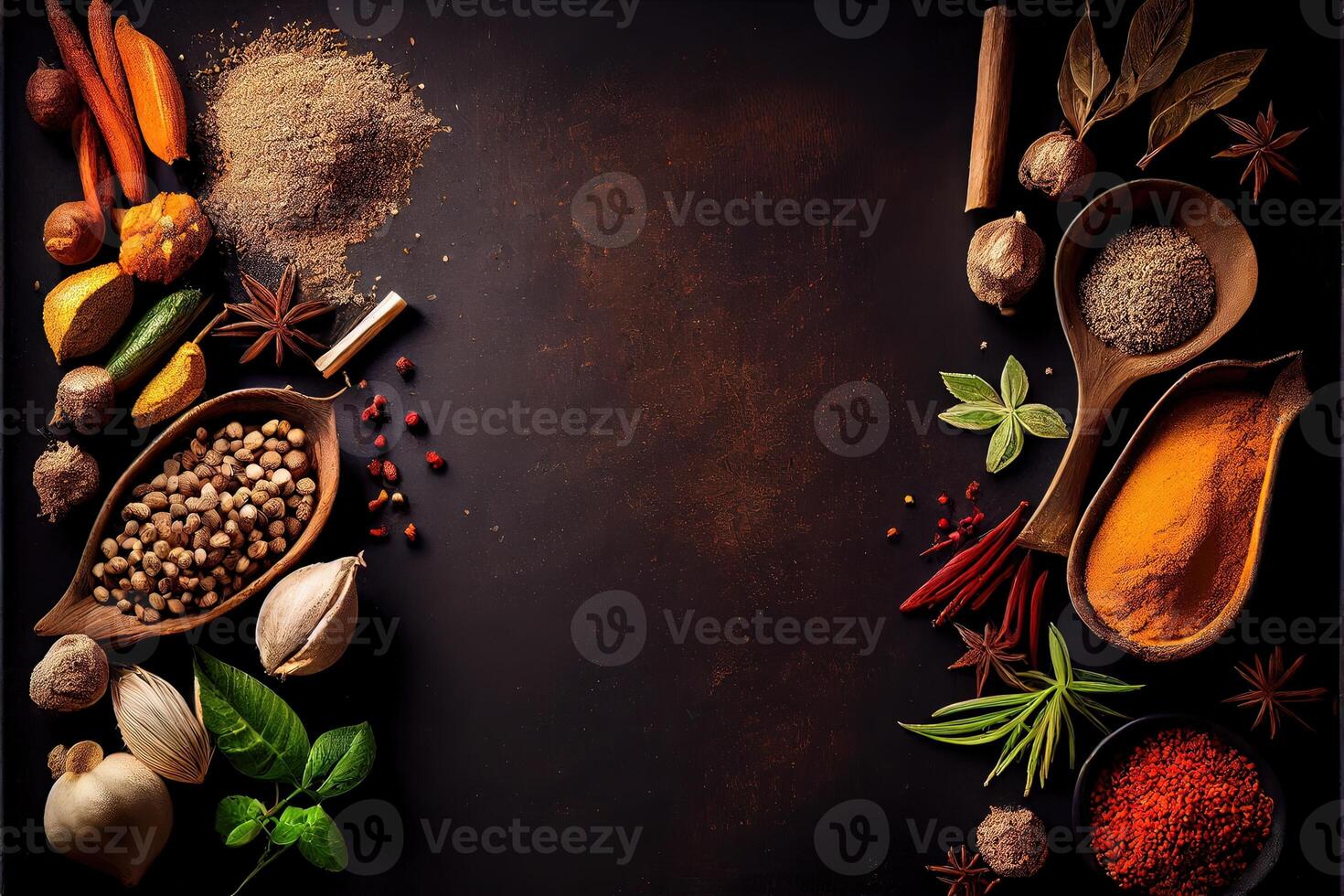 illustration of wide variety spices and herbs on background of black table, with empty space photo