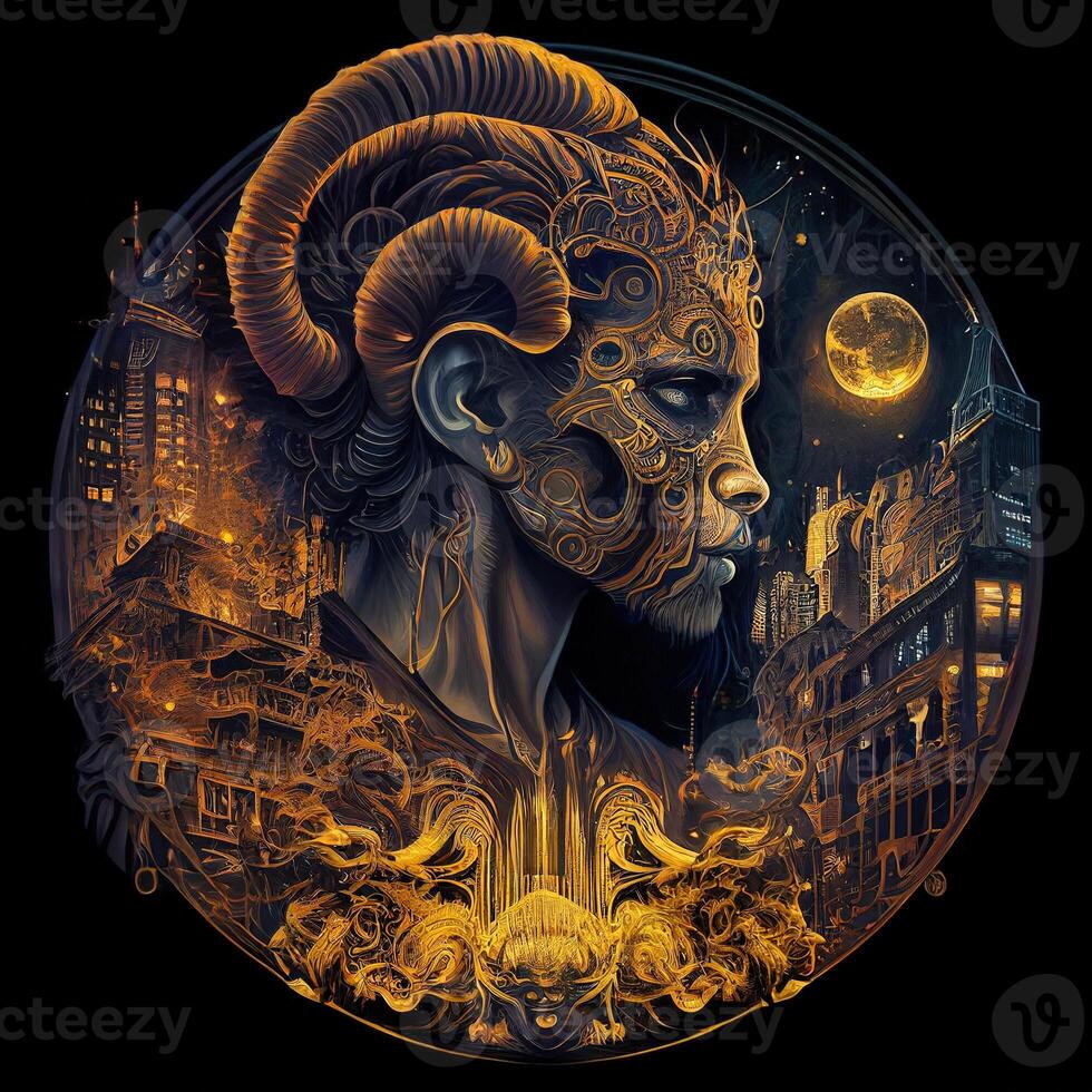 illustration of cyberpunk Zodiac sign with a industrial smoke, mechanic detail on shoulders, pollution, centered inside intricate gold and fire circle of city and Skyscrapers, steam punk photo