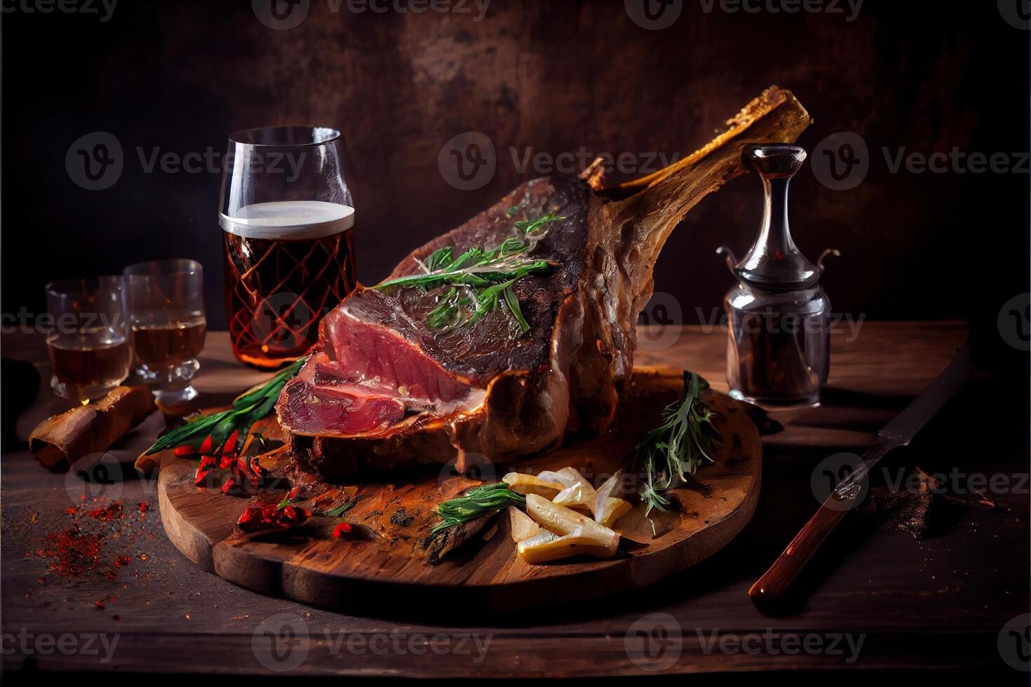 illustration of freshly grilled tomahawk steaks on wooden cutting board, superbly delicious tomahawk steak, barbecue photo