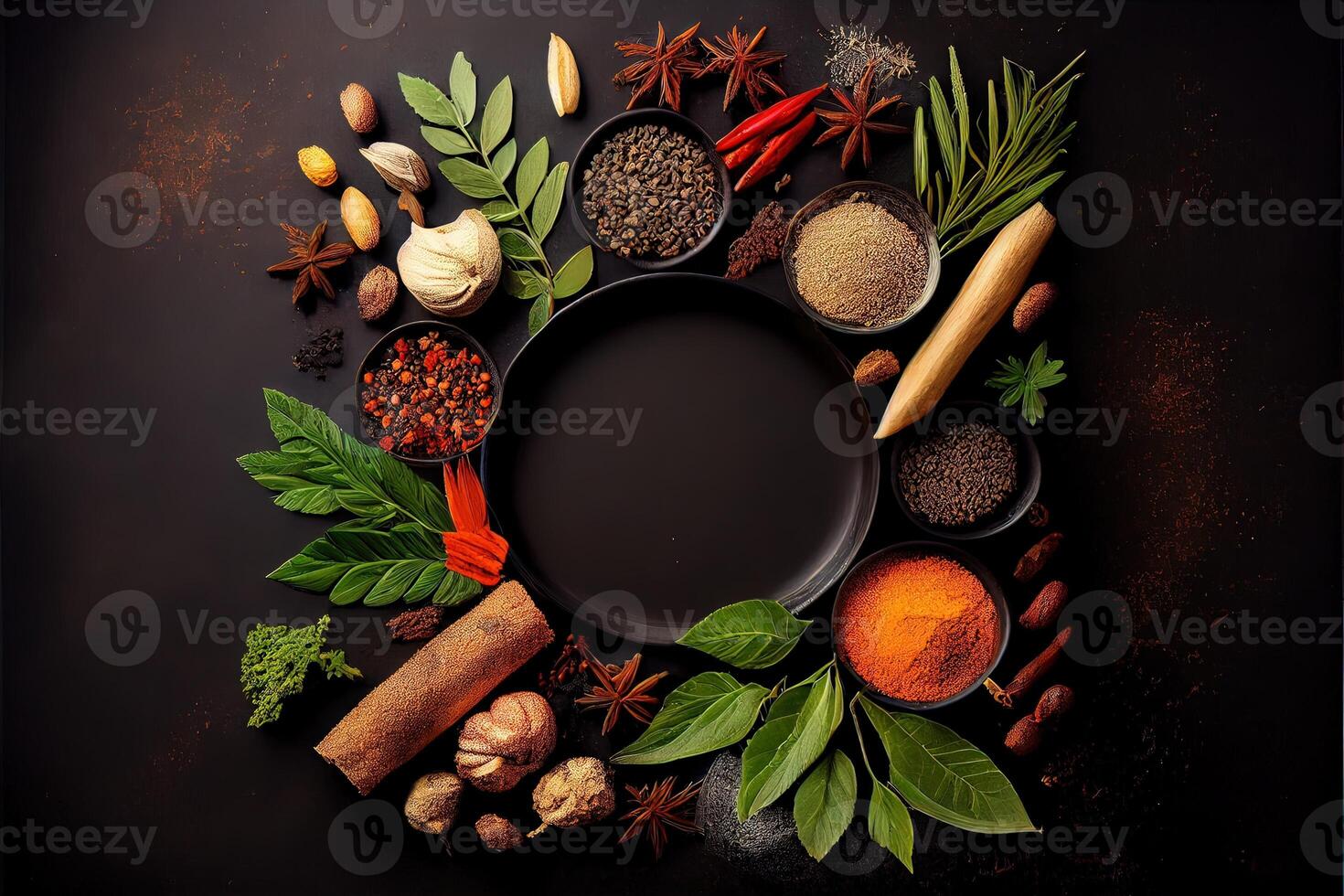 illustration of wide variety spices and herbs on background of black table, with empty space photo